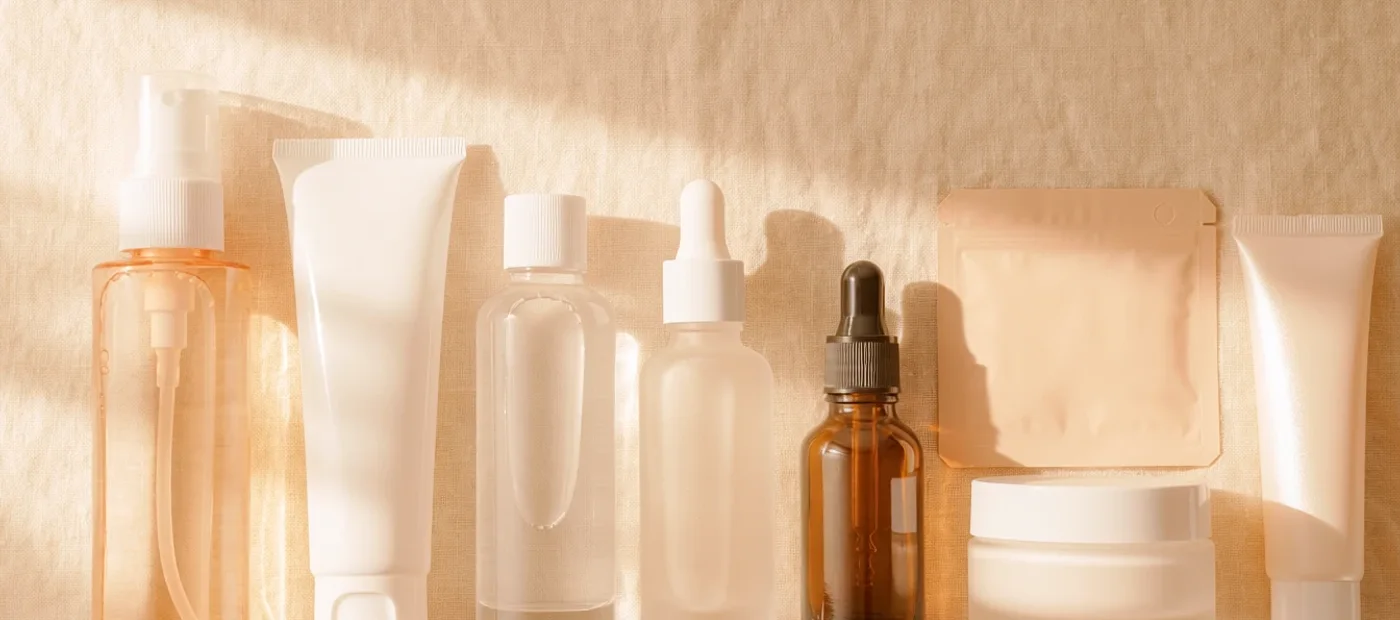 Produktene i en koreansk hudpleierutine på rekke